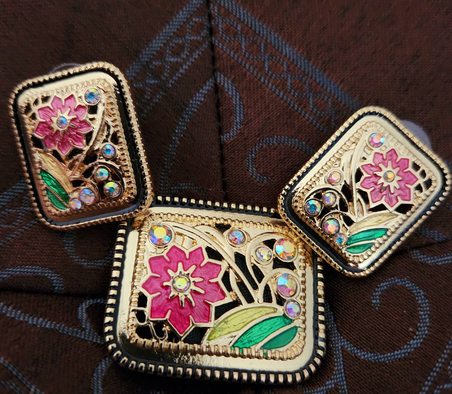 Multi-color Floral Earrings & Brooch Set