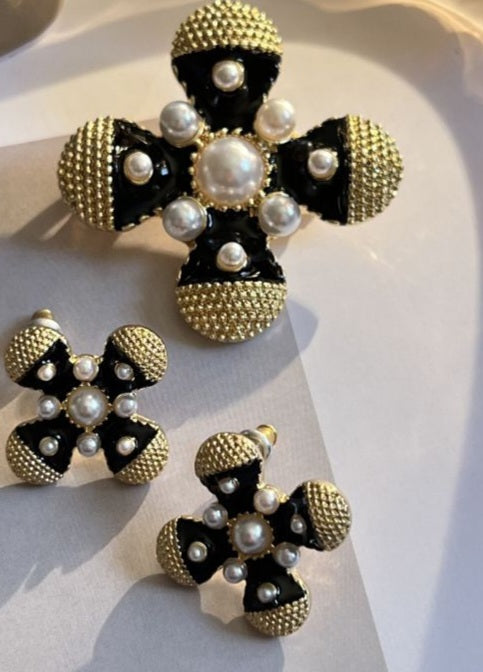 Black and Gold Brooch & Earrings Set w/ Pearl Accents