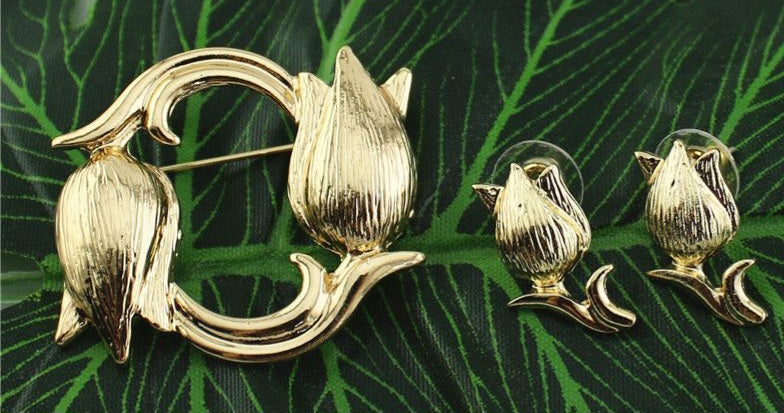Double Tulip Brooch & Earrings Set