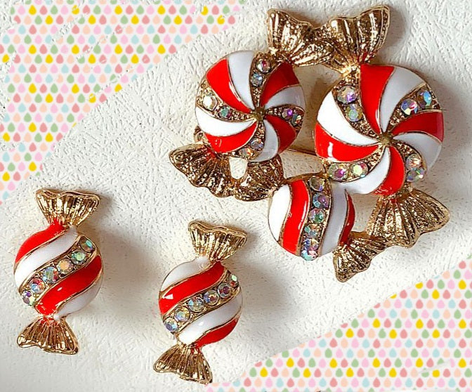Peppermint Brooch & Earrings Set w/ Rhinestone Accents