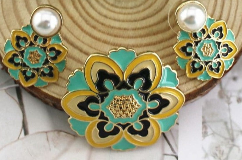Enamel Flower Earrings and Brooch Set