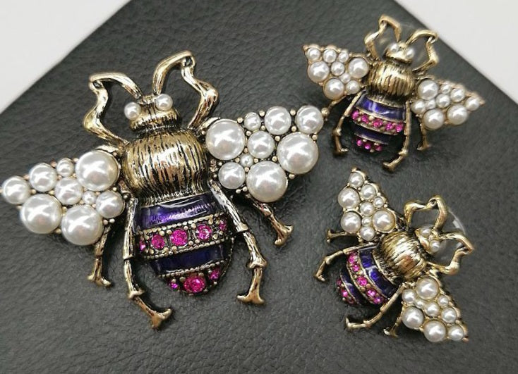 Pearls and Rhinestones Bee Brooch & Earrings Set